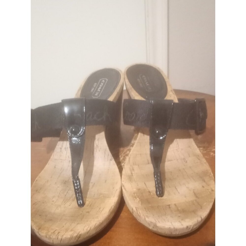 Coach Bernadette Q611 Black Patent Cork Thong Wedge Sandals Women's Size 9.5B - Picture 6 of 10